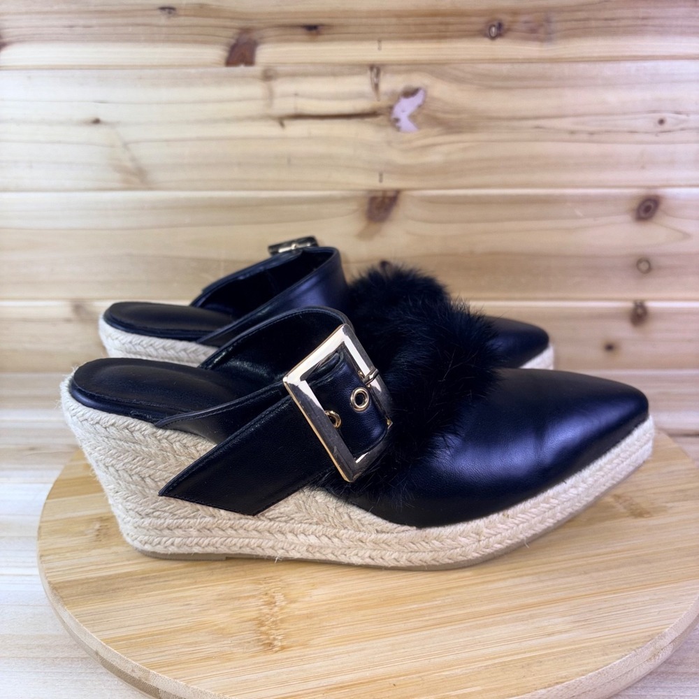 Espadrille Wedge Heels Womens 9 Black Faux Leather Pointed Toe Faux Fur Sandals - Picture 4 of 12